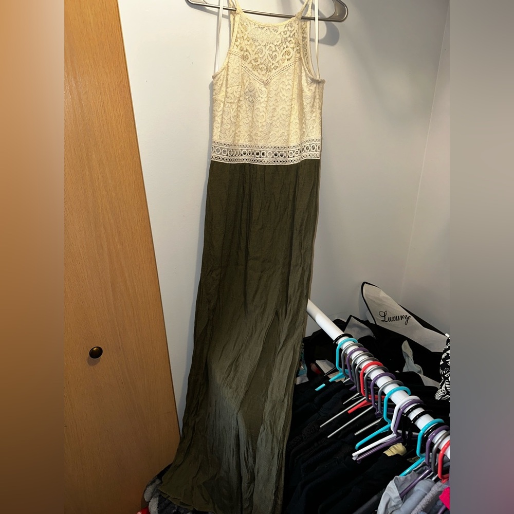 IZ Byer Dark Green Slit Long Dress With White Lace Neck
